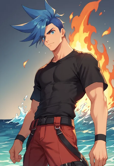score_9, score_8_up, score_7_up, source_anime, highly detailed,
galo, male focus, 1boy, blue hair, spiked hair, blue eyes, solo, shirt, black shirt, t-shirt, pants, red pants, upper body,
fire, pyrokinesis, water,
