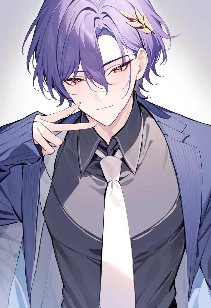 solo, male focus, dr. ratio, masterpiece, best quality, very aesthetic, absurdres, 1boy, v, black shirt, black vest, blue jacket, closed mouth, collared shirt, hair between eyes, hair ornament, looking at viewer, male focus, necktie, official alternate costume, open clothes, open jacket, parted bangs, purple hair, red eyes, shirt, short hair, sidelocks, solo, upper body, vest, white necktie