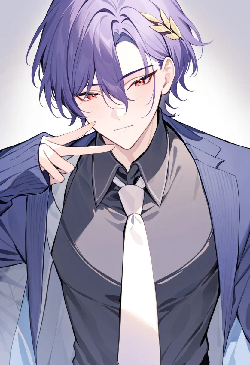 solo, male focus, dr. ratio, masterpiece, best quality, very aesthetic, absurdres, 1boy, v, black shirt, black vest, blue jacket, closed mouth, collared shirt, hair between eyes, hair ornament, looking at viewer, male focus, necktie, official alternate costume, open clothes, open jacket, parted bangs, purple hair, red eyes, shirt, short hair, sidelocks, solo, upper body, vest, white necktie