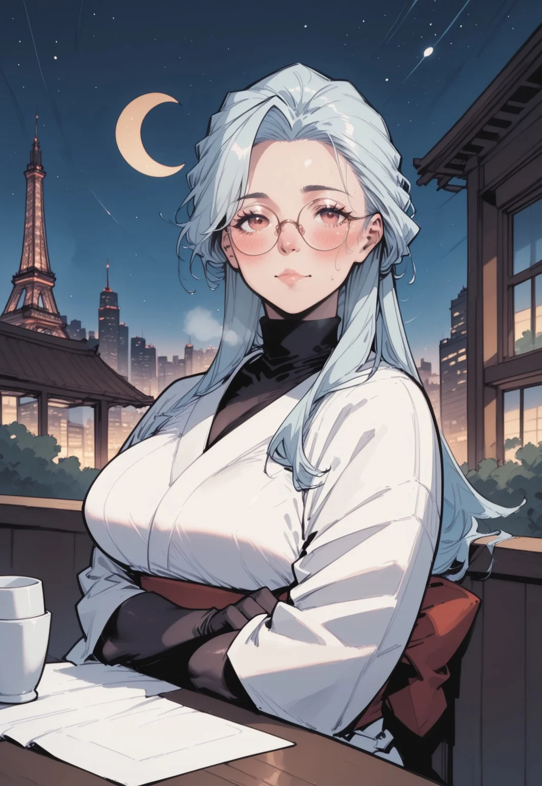 commix style, zPDXL3, PnyCmicXLPOS, score_9, score_8_up, score_7_up, masterpiece, best quality, absurdres, vibrant, highly detailed, very aesthetic, from side, cowboy shot, mature, stunning, 1girl, solo, saihoutakenoue, white kimono, black turtleneck, black gloves, elbow gloves, red obi, glasses, sitting, steaming tea cup, (cold, flushed cheeks, red nose, arms crossed over chest:1.2), looking at viewer, cafe terrace, table, outdoors, night, Paris, Eiffel Tower, Champ-de-Mars, city lights, starry sky, (crescent moon:1.4)