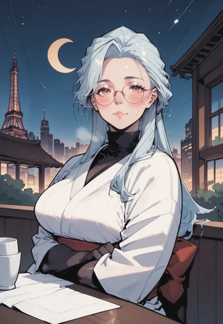 commix style, zPDXL3, PnyCmicXLPOS, score_9, score_8_up, score_7_up, masterpiece, best quality, absurdres, vibrant, highly detailed, very aesthetic, from side, cowboy shot, mature, stunning, 1girl, solo, saihoutakenoue, white kimono, black turtleneck, black gloves, elbow gloves, red obi, glasses, sitting, steaming tea cup, (cold, flushed cheeks, red nose, arms crossed over chest:1.2), looking at viewer, cafe terrace, table, outdoors, night, Paris, Eiffel Tower, Champ-de-Mars, city lights, starry sky, (crescent moon:1.4)