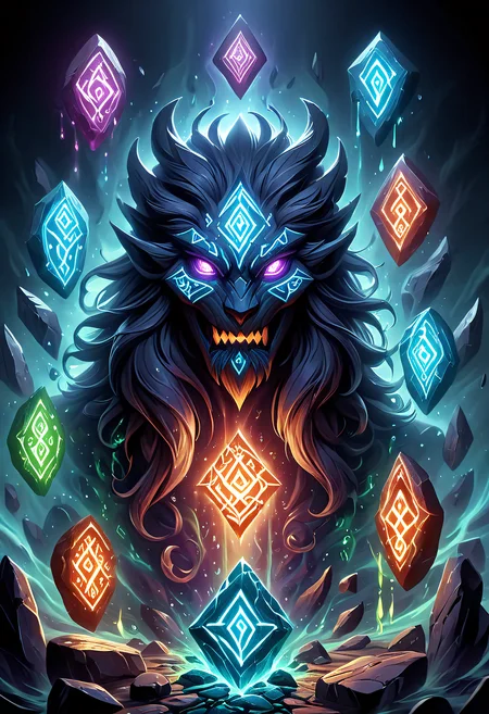 Glowing Runes, stone elemental with glowing runes,