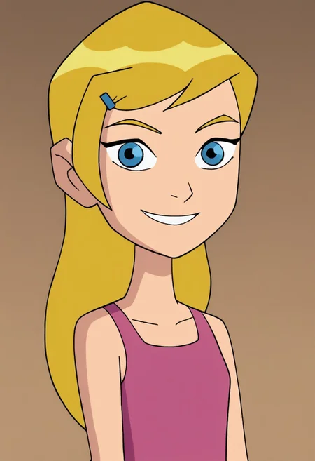ben10style, 1girl, long hair, blonde hair, blue eyes, pink tank top, white shorts,upper body,smile