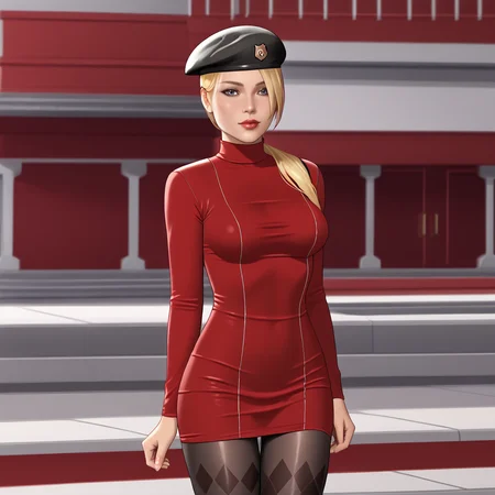<lora:sonyablademkvsdc_pony_v1:.8>  SonyaBladeMKDC, 1girl, solo, blonde hair, medium breasts, long hair, beret, ponytail, lips, cowboy shot, <lora:0965 Home wear 12_v1_pony:1> ruanyi0965,red dress,short dress,black pantyhose,argyle legwear,turtleneck,dress lift,bottomless,long sleeves