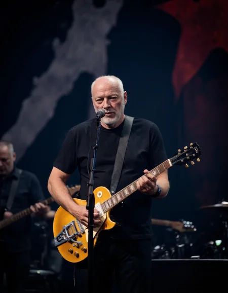 <lora:DAVID_GILMOUR:1>This is a photograph of an older man playing an electric guitar on stage. The man has a bald head and a full silver neaty trimmed beard, giving him a distinguished appearance. He is dressed casually in a plain black t-shirt and dark pants. A black leather strap is slung diagonally across his chest, holding his guitar in place. He is playing a golden Gibson Les Paul electric guitar, which has a shiny metallic finish and classic Gibson features like the trapeze tailpiece and the iconic headstock with the Gibson logo. The guitar is connected to an amplifier and a microphone stand, suggesting he is performing live.
In the background, there is a large, dark, and slightly blurred stage backdrop, which adds depth and a sense of grandeur to the scene. The backdrop has a textured, abstract design with hints of red and black, enhancing the stageâs atmosphere. The lighting is bright, highlighting the man and his guitar while casting soft shadows. The overall mood is lively and energetic, reflecting the excitement of a live musical performance. The image captures the essence of a seasoned musician engaged in his craft, with the details and textures of both the man and his guitar vividly portrayed.