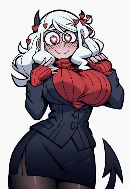 score_9, score_8_up, score_7_up,(masterpiece,best quality)),best res,,good anatomy,cute,(sexy:1.3),ultra cute, (huge breast:1.3),face,hot,female,smiling,extremely detailed face,4k,happy, upper body,,detailed eyes,beautiful,smiling,,cute,very cute,, ,blushing,upper body,tall,arms,, solo, blush, perfect lighting, hips, skinny,,,blushing,smiling,tall female,,helltaker style, 1girl, solo, looking at viewer, blush, skirt, large breasts, simple background, red eyes, long sleeves, white background, jacket, tail, white hair, heart, pantyhose, horns, black skirt,long hair, sweater, black jacket, sleeves past wrists, symbol-shaped pupils, turtleneck, transparent background, heart-shaped pupils, formal, demon girl, suit, demon horns, demon tail, ribbed sweater, pencil skirt, black horns, red sweater, black suit, black tail, modeus (helltaker),wavy hair,small waist,