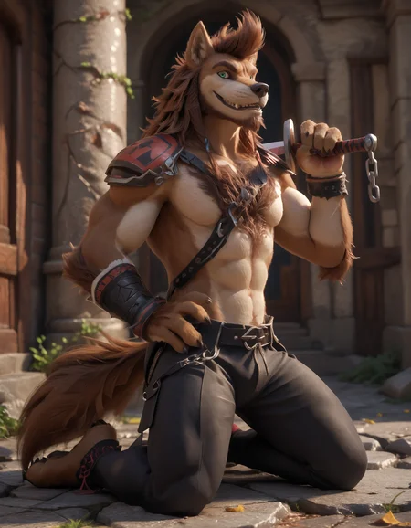 score_9, score_8_up, score_7_up, BREAK (anthro, furry:1.1), depth of field, cinematic lighting, masterpiece, (detailed hands:1.25), best quality, ultra realistic, 4k, 2k, film photography, RAW photo, photorealistic, analog style, subsurface scattering, photorealism, embedding:unaestheticXL_bp5, embedding:zPDXL,(best quality, high quality, 8K:1.5), <lora:add-detail-xl:2.5>, <lora:fix_hands.safetensors:2.0>, <lora:2.5DRealisticV2.safetensors:0.3>, <lora:sinfully_stylish_SDXL.safetensors:0.6>, <lora:AdvancedEnhancerXLv2.safetensors:1.0>, (hi res), ((masterpiece)), ((best quality)), illustration, <lora:Ricardo_Welkin.safetensors:0.7>, Ricardo Welkin, canid, canine, canis, mammal, wolf, abs, anthro, beard, body hair, green eyes, bottomwear, brown body, brown fur, brown hair, chain, chest hair, clothed, clothing, facial hair, fangs, fur, hair, looking at viewer, male, melee weapon, pants, pecs, solo, sword, teeth, topless, weapon, happy, smile, joy (side view, full-length portrait, looking aside, hands on hips, post office shadow fog fog, kneeling :1.15)