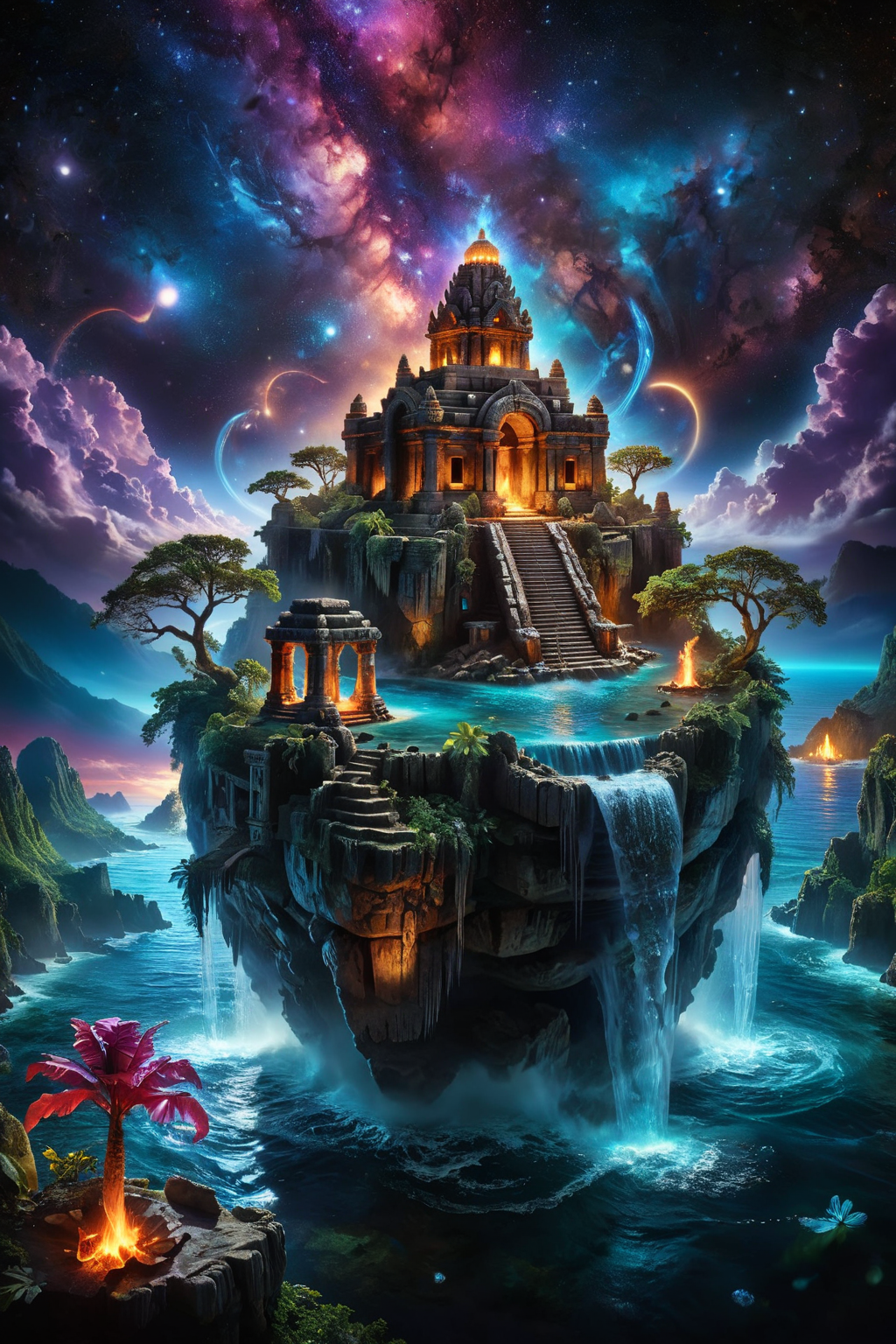 A stunning, hyper-realistic fantasy scene. A breathtaking aerial view of a floating island featuring ancient Mayan civilization ruins. Water flows from the heights of the structures, cascading down and eventually spilling over the edge of the island. The scene is set against a vivid night sky, adorned with colorful and intricate patterns, with the faint outline of the Milky Way visible in the distance. The entire setting appears otherworldly and enchanting, reminiscent of a fantastical paradise. The depiction is hyper-realistic with surreal fantasy elements, capturing intricate details and vibrant colors. The island appears like an ethereal sanctuary in the sky. Hyper-realistic, surreal, fantasy, detailed, vibrant, enchanting, ancient ruins, flowing water, vivid night sky, ethereal.
<lora:ral-mtclniscp-sdxl:0.7> ral-mtclniscp,
<lora:add-detail-xl:1.0>,
<lora:EnvyBetterHiresFixXL01:1.0>,
<lora:extremely_detailed:1.0>, extremely detailed,
<lora:EldritchMixIllustration_1.1:0.25>,
<lora:xl_floating:0.85> floating island, surreal,