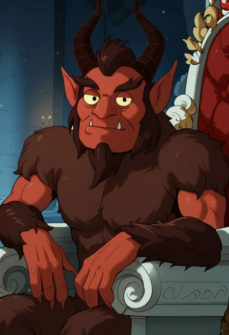score_9_up, score_8_up, score_7_up, high quality, detailed, male, solo male, Krampus_AD, 1boy, mature male, anthro, devil, dull red skin, maroon hair, horns, black eyes, animal ears, muscular male, looking at viewer, indoors, sitting, throne, sitting in throne, resting head on hand, half-body, bust shot, close up shot