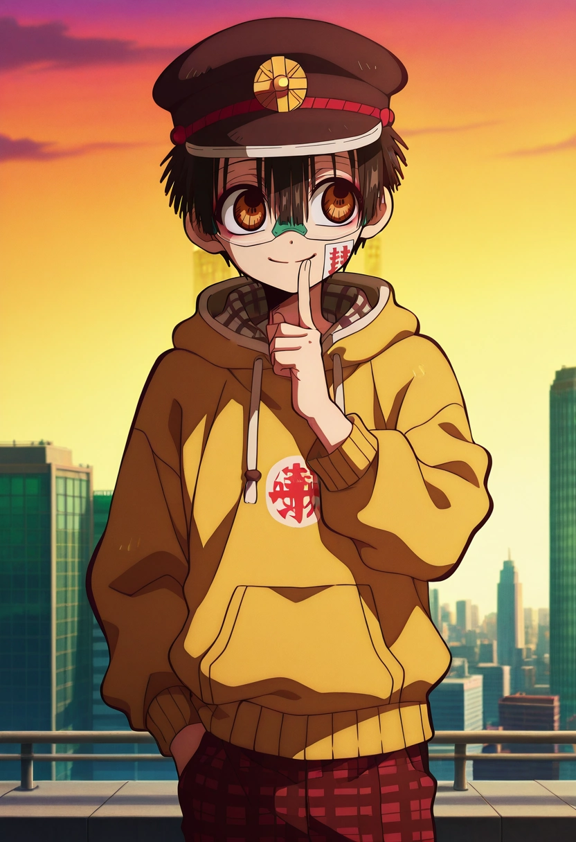 masterpiece, best quality, , anime screencap, anime coloring, official style, , 1boy, solo, male focus, <lora:hanako-kun_ilxl:1>, hanako-kun, black hair, brown eyes, short hair, hair between eyes, bangs, hat, black headwear, , , cowboy shot, rooftop, tokyo \(city\), building, skyscraper, noon, index finger raised, happy, Moroccan Linen-cotton trousers, Flannel hoodie, , , Safety Glasses and