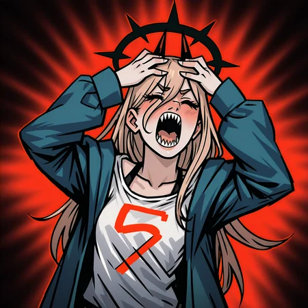 masterpiece, best quality, very aesthetic, absurdres BREAK
1girl, power \(chainsaw man\),
affliction, black halo, hands on own head, closed eyes, pain, open mouth, sharp teeth,
upper body, solo, red background, black background <lora:AfflictionIllustriousXL_byKonan:1>
