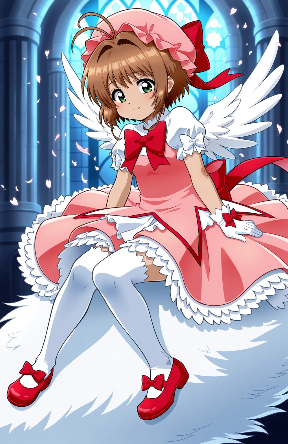 1girl, solo, <lora:Daikin:1> dkn,
kinomoto sakura, kinomoto sakura \(magic dream costume\), white white shirt, puffy short sleeves, pink dress, frilled dress, white thighhighs, red mary janes, footwear ribbon, red bow, pink bow, white gloves, white wings, pink headwear, mob cap,
(medium shot), encountering a mythical beast, detailed face, located in a magical scene at a mystical mystic ruins during morning with rainy weather, illuminated by starlight, creating a magical,ethereal atmosphere, extremely detailed, highres, masterpiece, best quality