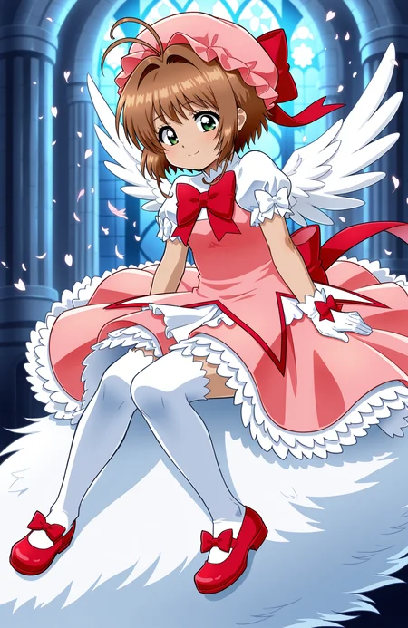1girl, solo, <lora:Daikin:1> dkn,
kinomoto sakura, kinomoto sakura \(magic dream costume\), white white shirt, puffy short sleeves, pink dress, frilled dress, white thighhighs, red mary janes, footwear ribbon, red bow, pink bow, white gloves, white wings, pink headwear, mob cap,
(medium shot), encountering a mythical beast, detailed face, located in a magical scene at a mystical mystic ruins during morning with rainy weather, illuminated by starlight, creating a magical,ethereal atmosphere, extremely detailed, highres, masterpiece, best quality