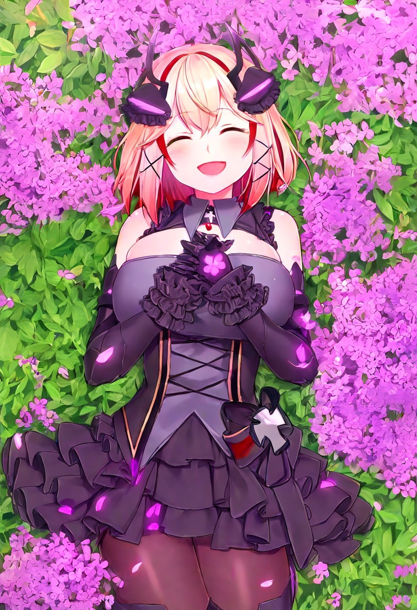 red eyes, medium hair, two-tone hair, headgear, x hair ornament, choker, detached collar, idol, frills, frilled dress, chest harness, elbow gloves, frilled cuffs, corset, brown pantyhose, armored boots, day,nature,flower field,petals,on back,on_side,cowboy_shot,front view,from_above,looking_at_viewer,smile,laughing,light_blush,closed eyes,