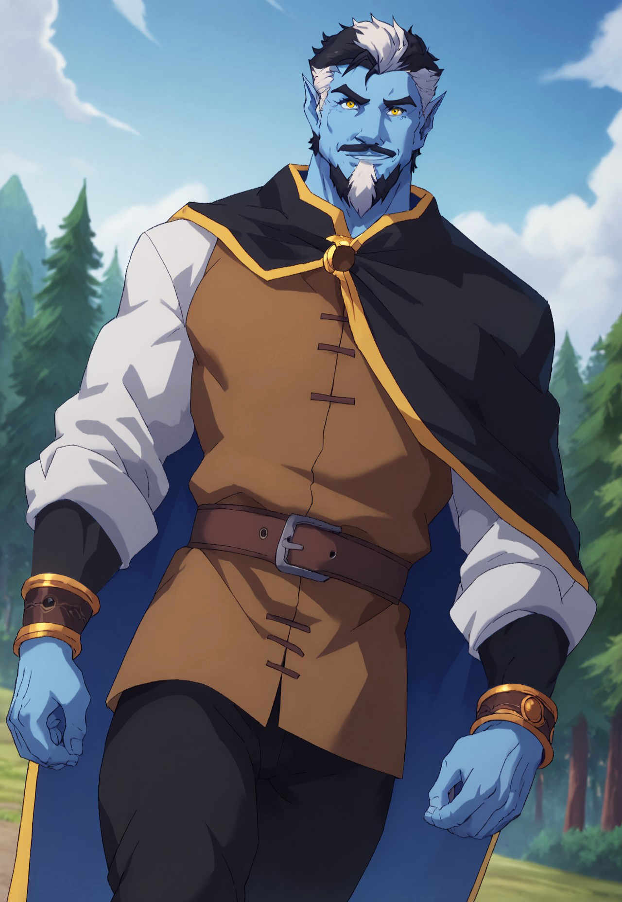 score_9, score_8_up, KeldorHM, blue skin, pointy ears, short hair, two-tone hair, black hair, white hair, yellow eyes, beard, mustache, mature male, muscular, black cloak, brown tunic, white long sleeve shirt, bracelet, dark-brown belt, black pants, looking at viewer, smile, dynamic pose, detailed background, dutch angle, forest, blue sky, clouds, walking down,