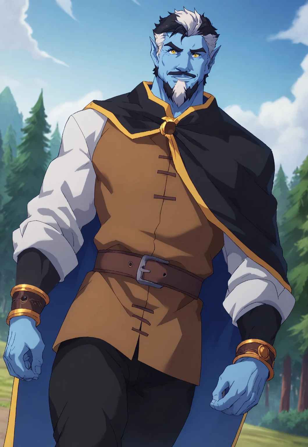 score_9, score_8_up, KeldorHM, blue skin, pointy ears, short hair, two-tone hair, black hair, white hair, yellow eyes, beard, mustache, mature male, muscular, black cloak, brown tunic, white long sleeve shirt, bracelet, dark-brown belt, black pants, looking at viewer, smile, dynamic pose, detailed background, dutch angle, forest, blue sky, clouds, walking down,