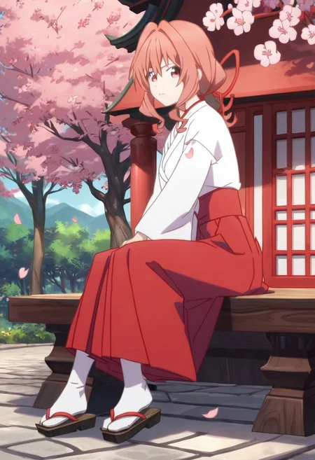 score_9, score_8_up, score_8, day, shrine background, spring, cherry trees, 1girl, amagami, pink_eyes, pink_hair, long_hair, hair_intakes, red_ribbon, hair_ribbon, japanese_clothes, hakui, hakama_skirt, red_hakama, geta sandals, tabi socks, looking at the camera, sitting on a bench in a shrine,
