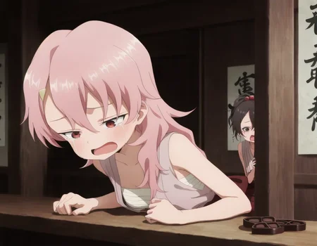 highres, best quality, masterpiece, masterpiece, best quality, amazing quality,1girl, bar, \(sad:1.3\),streaming tears, \(crying:1.3\), leaning on table, heart-shaped chocolate,screaming, Tsubaki Nakahara, Long black hair, Dark eyes, Traditional Japanese clothing, Kimono sleeves, Modest attire, Simple hairstyle, Dark hair ornaments, Fair skin, Traditional sandals, Neutral expression, benisumomo, long hair, hair ornament, red eyes, pink hair, hairclip, flat chest,