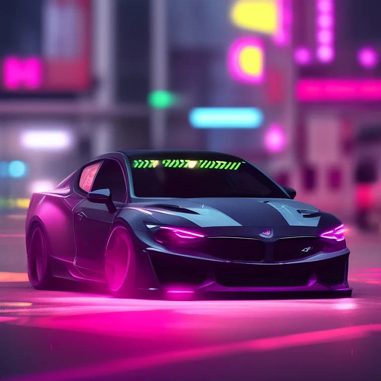 a photo of a car parked on a city street at night with neon lights on it's side and a neon street light behind it, art by carstestv3