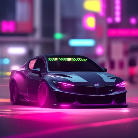 a photo of a car parked on a city street at night with neon lights on it's side and a neon street light behind it, art by carstestv3
