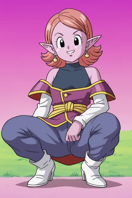 source_anime, score_9, score_8_up, score_7_up, anime screencap,8k, absurdres,
chronoa, potara earrings, orange hair, pointy ears, black eyes, colored skin, purple skin,
bare shoulders, potara earrings, off shoulder, detached sleeves, white sleeves, purple tunic, sleeveless turtleneck leotard, kai tunic, blue pants, high heel boots, white footwear,
squatting, pointing at viewer, grass, tree, smile teeth, from below, official style,
 <lora:chronoa_pony_v2:0.8>