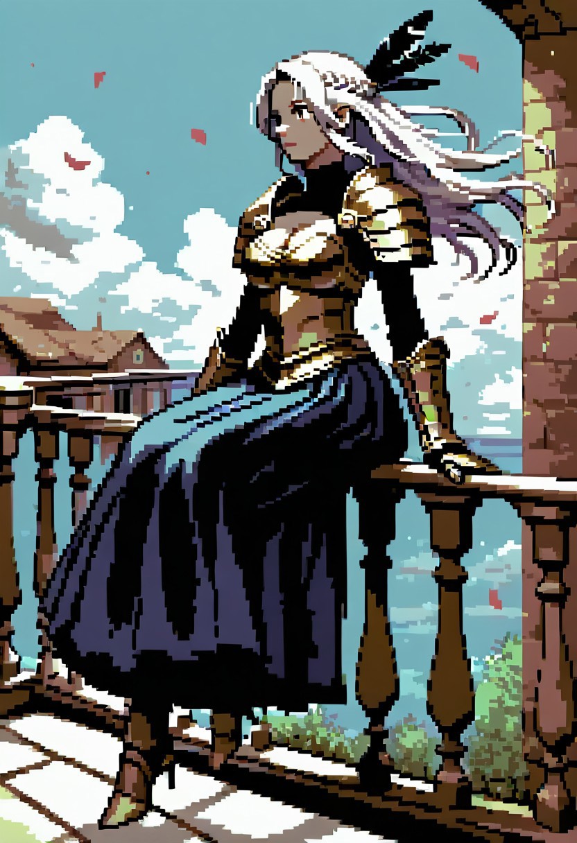 score_9, score_8_up, score_7_up , dramatic light ,  cleavage ,  dramatic angle , uncensored , highly detailed , ((solo)) ,1girl  , floating hair , mature woman , medium breasts  , floating hair , knight , armor , faulds , Black fur coat , pauldrons , armor bare , armored high heels , breast plate , gauntlets , looking forward , braid , armored dress , feathers , hair intakes , half updo , from abov , white hair, intricate , exotic pose , flowing hair , overskirt , sitting on balcony,  falling petals ,  black bodysuit under armor ,  balcony , handrail ,  dove ,  building , courful background , eagle grab armor ,  
(focus woman) ,  detaileye , low light , red eye ,  aesthetic, 2d, pixel,