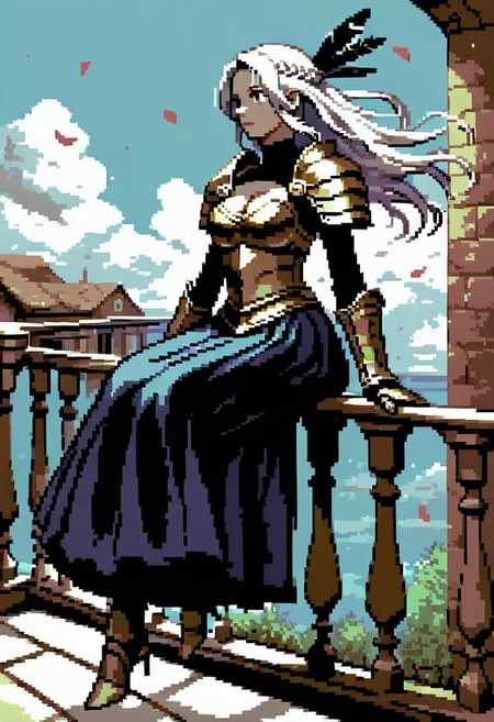score_9, score_8_up, score_7_up , dramatic light , cleavage , dramatic angle , uncensored , highly detailed , ((solo)) ,1girl , floating hair , mature woman , medium breasts , floating hair , knight , armor , faulds , Black fur coat , pauldrons , armor bare , armored high heels , breast plate , gauntlets , looking forward , braid , armored dress , feathers , hair intakes , half updo , from abov , white hair, intricate , exotic pose , flowing hair , overskirt , sitting on balcony, falling petals , black bodysuit under armor , balcony , handrail , dove , building , courful background , eagle grab armor ,
(focus woman) , detaileye , low light , red eye , aesthetic, 2d, pixel,