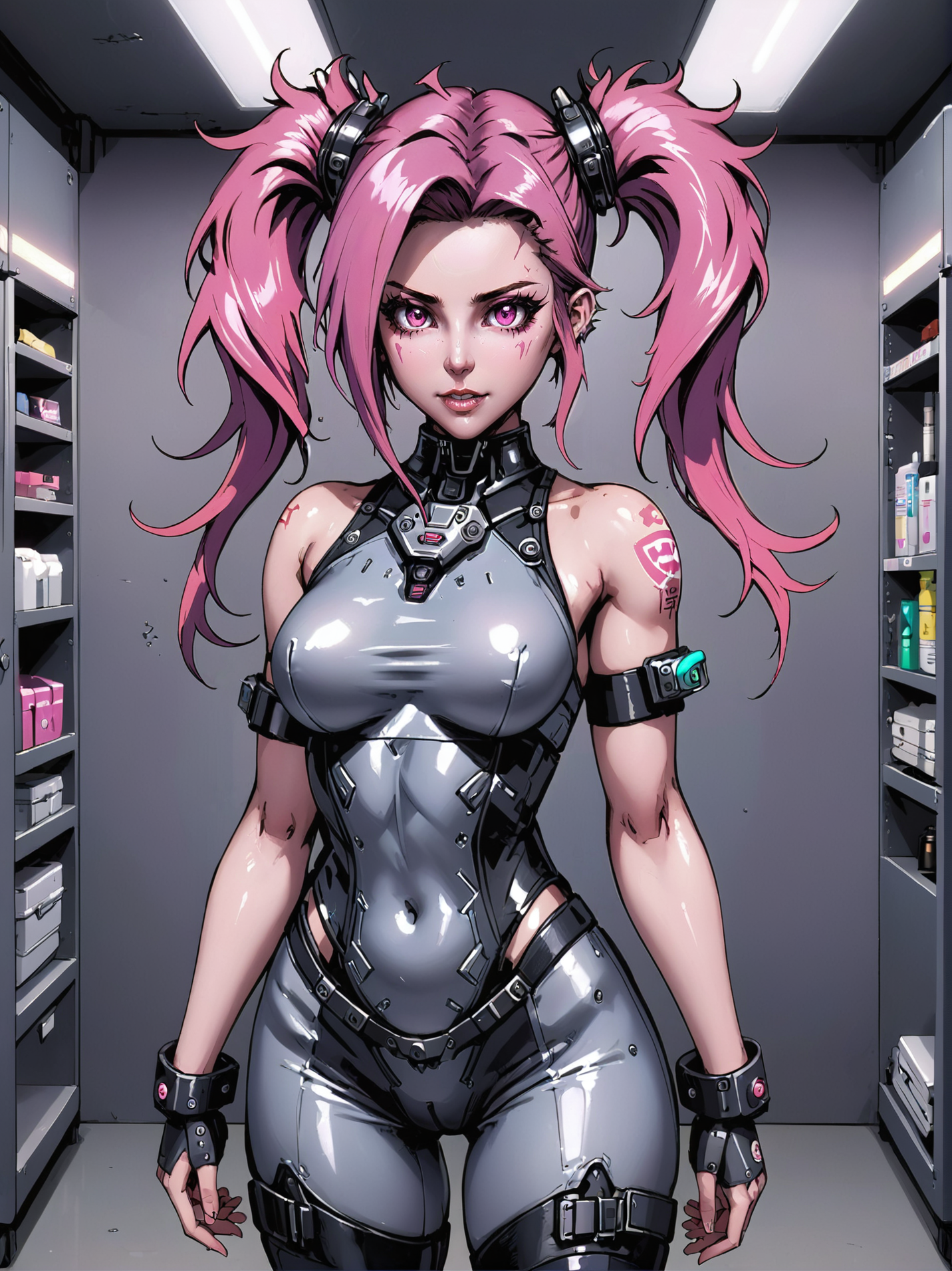 anime style, 1girl, woman, scifi, galactic gothic,scrapcore,nano-eden, succubus, mecha mechanic, full body, wearing skin-tight infra color:lightslategray work clothes, bombshell hair, corroded color:fuchsia metal hair, twintails, slim, atheletic figure, narrow waist, medium breasts, chinese, well-lit interior, in a Key West Kitten changing room<lora:EnvyBetterHiresFixXL01:0@0,0@.49,1@.5:hr=1>