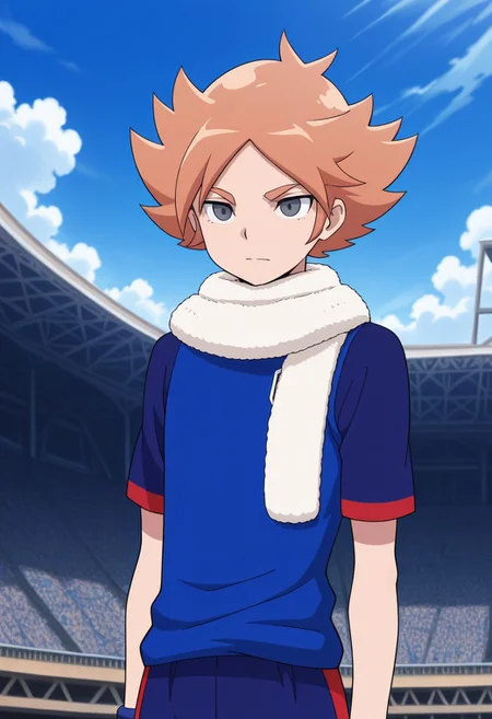 masterpiece,best quality,amazing quality, source_anime, 
FubukiAtsuya, 1boy, male focus, solo, grey eyes, orange hair, scarf, white scarf, orion soccer uniform, shirt, blue shirt, raglan sleeves, short sleeves,
outdoor, sky, day, clouds, stadium,