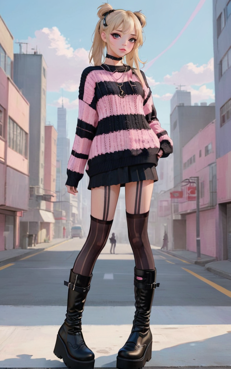 alt girl, digital art, ((professional anime illustration)), (best quality, masterpiece, aesthetic, colorful, dynamic angle, detailed), full body painting of posing woman with blonde wearing oversized pink striped sweater and black platform boots with stockings, detailed face with makeup, city background, best aesthetic, soft sunlight  <lora:alt_fashion:0.6>   <lora:aesthetic_anime_v1s:0.7>