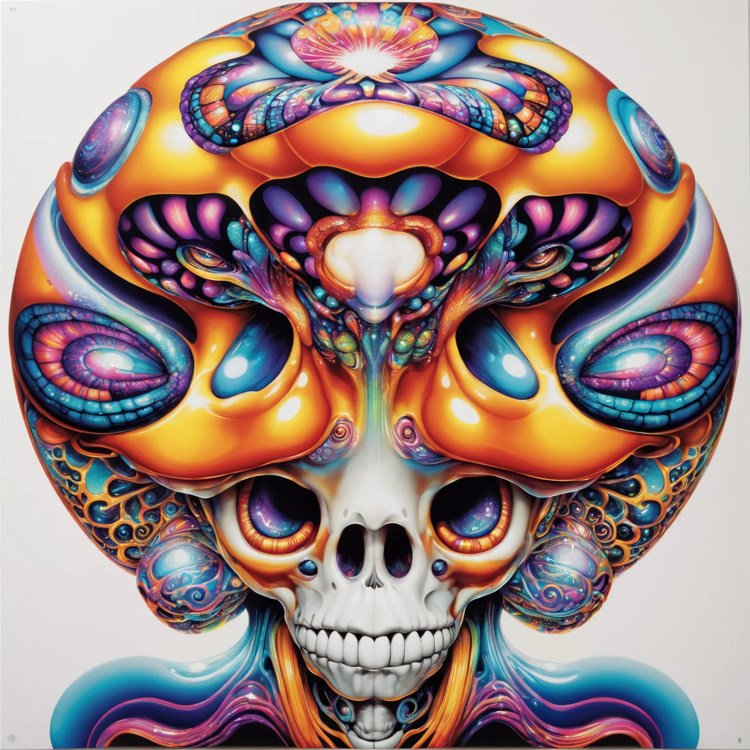 <lora:aiai-DiscoLucid-XL1-v1-captions:0.75> aiai-DiscoLucid style risograph print of cranial shroom by chris dyer and wes wilson, poster, high quality, 8K Ultra HD