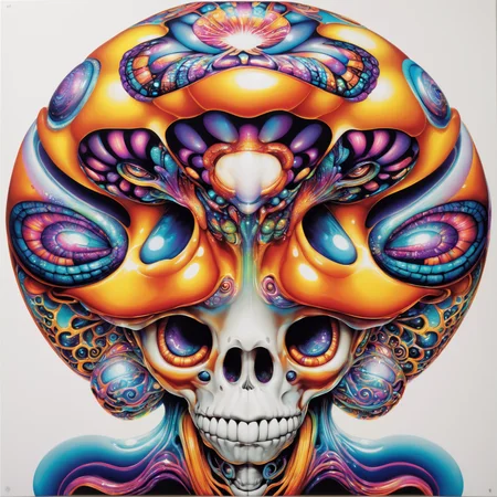 <lora:aiai-DiscoLucid-XL1-v1-captions:0.75> aiai-DiscoLucid style risograph print of cranial shroom by chris dyer and wes wilson, poster, high quality, 8K Ultra HD