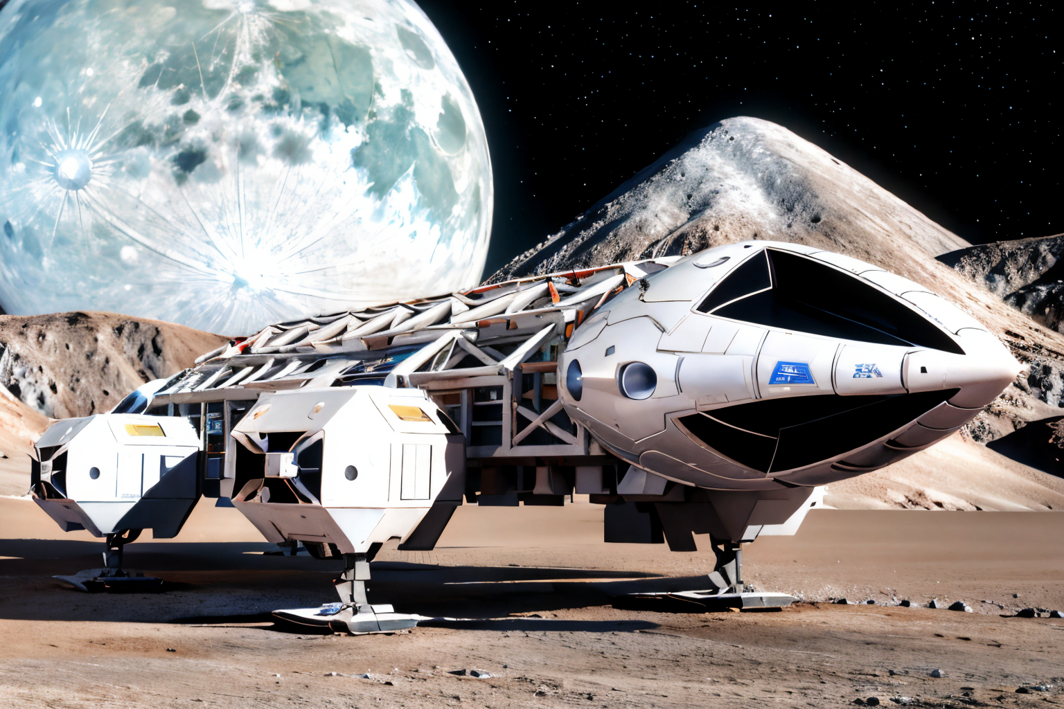 (Realistic:1.5) (masterpiece) EdobSpace1999Eagle, military, no humans, black background, machinery, spot color, science fiction, military vehicle, cable, vehicle focus, space background, signature, no humans, moon, helmet, robot, star (sky), lens flare, science fiction, realistic, sun, retro artstyle, space, planet, earth (planet), spacecraft, concept art, <lora:EdobSpace1999Eagle_v1.0:0.9>