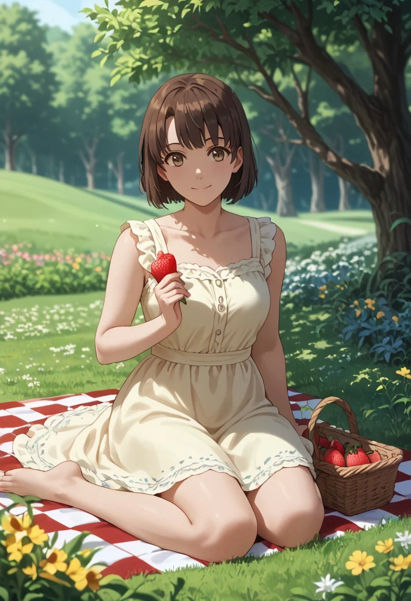 score_9, score_8_up, score_8, score_7_up, source_anime,
1girl, katou megumi, Megumi <lora:KatoMegumi:1>,brown hair,katou megumi,brown eyes, medium breasts , short hair, masterpiece, best quality, summer picnic theme, lush green meadow background, wearing a light yellow sundress, sitting on a checkered picnic blanket, surrounded by a basket of fruits, flowers, and an open book, holding a strawberry in one hand, dappled sunlight filtering through tree branches, gentle smile, calm and serene expression, soft wind ruffling her dress and hair, pastel tones, natural lighting, full-body shot, relaxed and cozy atmosphere, depth of field, warm and inviting vibe