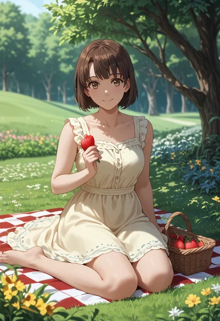 score_9, score_8_up, score_8, score_7_up, source_anime,
1girl, katou megumi, Megumi <lora:KatoMegumi:1>,brown hair,katou megumi,brown eyes, medium breasts , short hair, masterpiece, best quality, summer picnic theme, lush green meadow background, wearing a light yellow sundress, sitting on a checkered picnic blanket, surrounded by a basket of fruits, flowers, and an open book, holding a strawberry in one hand, dappled sunlight filtering through tree branches, gentle smile, calm and serene expression, soft wind ruffling her dress and hair, pastel tones, natural lighting, full-body shot, relaxed and cozy atmosphere, depth of field, warm and inviting vibe