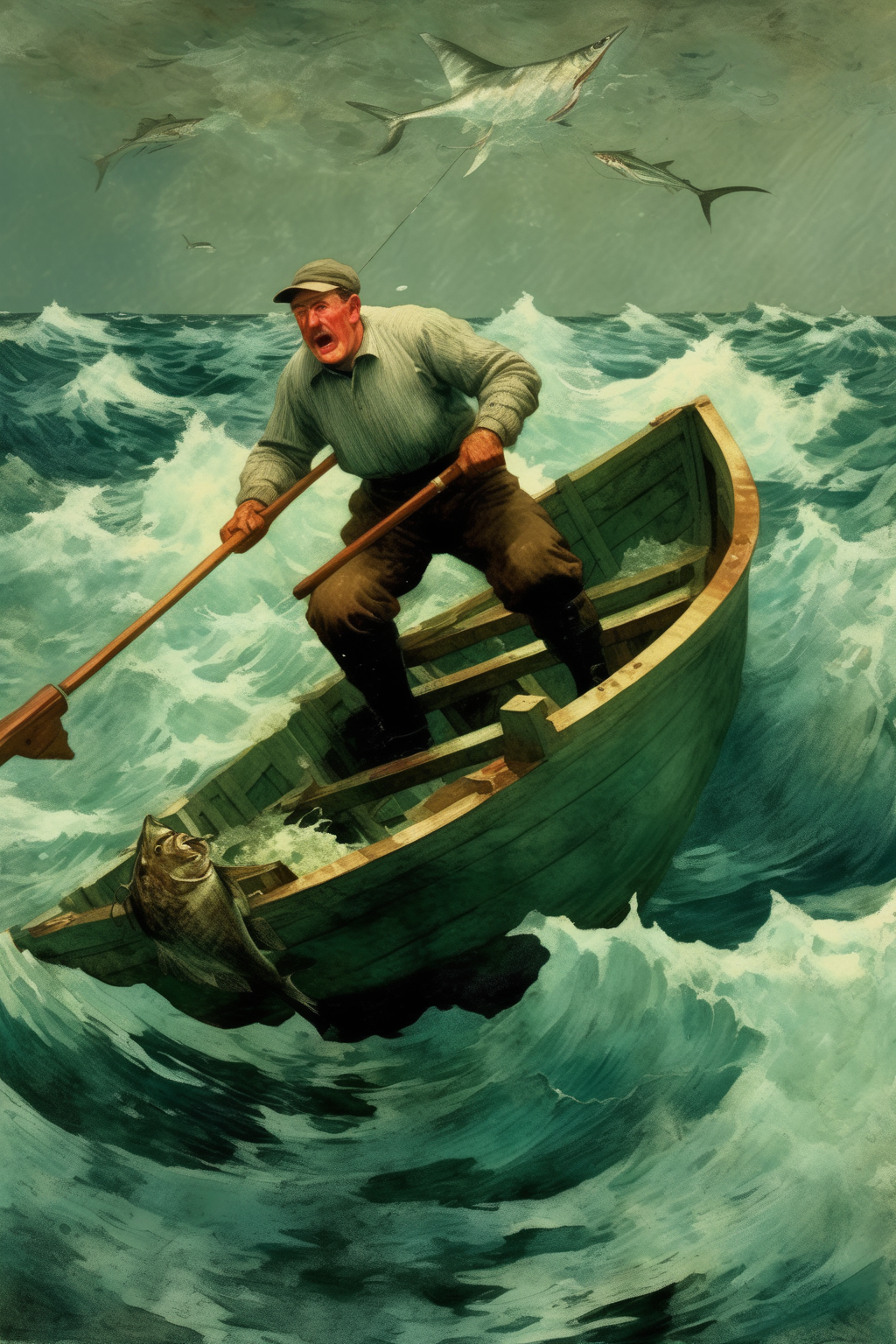 <lora:Winslow Homer Style:1>Winslow Homer Style - a man in dinghy in a rough, choppy ocean fishing for tuna, the large fish he has caught glistens in the stern, in the style of Winslow Homer