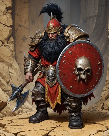 a dwarven warrior with a commanding and menacing appearance, exuding a sense of authority and power. The dwarf is depicted in a stylized, fantasy art style, which emphasizes bold colors, exaggerated features, and intricate detailing. The dwarf's most striking feature is his towering helmet, which adds to his imposing stature. The helmet is ornate, predominantly red with gold accents, and crowned with a pointed spike at the top. It is adorned with a menacing skull motif at the front, symbolizing death or intimidation. Gold embellishments and sharp geometric patterns further enhance the helmet's regal and fearsome design, suggesting that this dwarf holds a position of leadership or high rank. His face is framed by a massive, meticulously curled black beard that extends down to his chest. The beard is divided into several thick, cylindrical locks, emphasizing his dwarven heritage and reinforcing the idea of strength and tradition. His expression is fierce, with a scowling mouth and furrowed brow, giving him a look of unyielding determination and aggression. The dwarf is clad in a red and gold-scaled tunic that resembles dragon scales or overlapping armor plates. This protective garment provides both functionality and a striking visual aesthetic. The scales are detailed with highlights and shadows, adding depth and texture to the design. The gold accents complement the red, creating a rich and vibrant color scheme that signifies wealth, power, and prestige. In his hands, the dwarf wields a massive double-headed battle axe in his right hand and a round shield in his left. The battle axe is an impressive weapon with blue metallic blades, which contrast sharply with the red and gold of his armor. The axe’s central element features another skull motif, tying it thematically to his helmet and overall appearance. Its design is angular and sharp, emphasizing its lethality and the dwarf’s readiness for battle. The shield, circular in shape, is primarily red with a bold skull emblem at its center. The outer rim of the shield is reinforced with silver or steel, and rivets are visible, showcasing its craftsmanship and durability. The skull motif on the shield mirrors the one on his helmet, further unifying his appearance and underscoring his fearsome persona. The dwarf's boots are sturdy and black, designed for rugged terrain and battle. The polished surface of the boots reflects light, contrasting with the cracked, yellow ground beneath him. The ground itself is rendered with jagged cracks, suggesting a desolate or war-torn environment, which further enhances the dramatic tone of the image. Overall, the composition and detailing of the dwarf emphasize his role as a powerful warrior or warlord. The use of bold colors, intricate designs, and thematic skull motifs combine to create a character that is both visually striking and deeply rooted in fantasy tradition. The dwarf's expression, armor, and weaponry suggest he is prepared for battle and commands respect and fear from his foes. The artwork effectively conveys a sense of might, tradition, and unwavering determination, characteristic of classic fantasy dwarves.