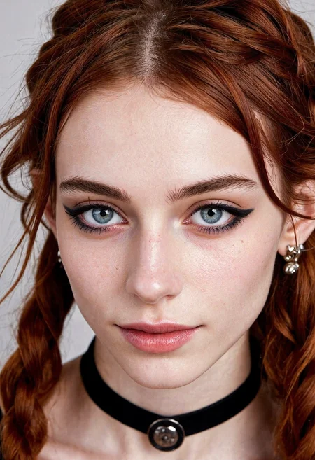 Avant-garde closeup photography depicting young skinny german woman, 20yo, with mesmerizing blue wide-set eyes and narrow lips with a happy smirk. She has tousled red braided hair and e-girl makeup featuring shades of black and stylish eyeshadow with lipstick, further accessorized by ear cuff earrings and a choker necklace. Set on an infinite brutalist stairwell structure, on a dark clear summer midnight. With natural split lighting, cinematic, bokeh, grimdark beauty, grimdark beauty <lora:flux_skinny_slider> <lora:flux_SkinDetails_v8> <lora:flux_UltraRealPhoto> <lora:flux_SameFace_Fix>