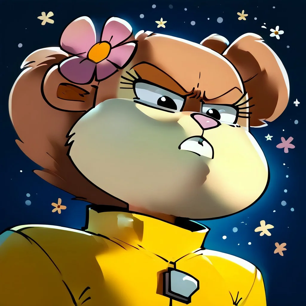 score_9, score_8_up, score_7_up, starry background, extreme close up, face focus, upper body, , masterpiece, beautiful,,Godissapme,solo,extreme close-up,frown, sad and angry expression,, looking down, 1 girl, SandyXLP, black eyes, furry female, brown fur, squirrel tail, teeth, single flower, squirrel girl,
single hairflower,
,furry, anthro, breast, yellow bodysuit,