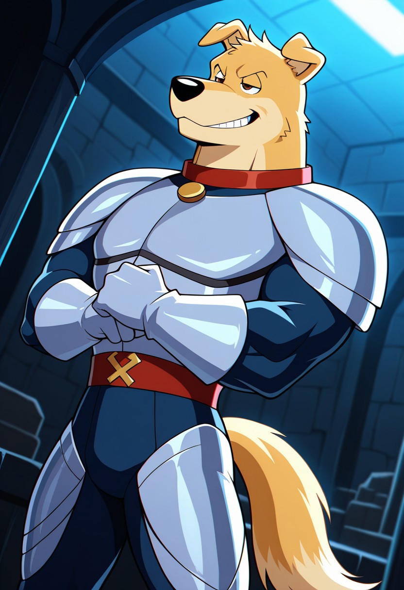 <lora:HunterRR:0.8>, solo, hunter, golden retriever, male, manly, brown eyes, armor, shoulder armor, collar, white gloves, pose, posing, grin, half-closed eyes, dutch angle, BREAK masterpiece, 4K, separate focus, best quality, amazing quality, very aesthetic, high resolution, chromatic aberration, dynamic lighting, extremely-detailed, depth of field, newest, scenery, detailed fur, detailed muscles