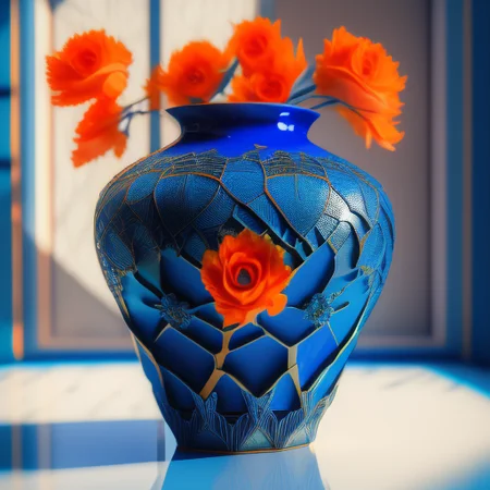 (a modern blue ceramic designer vase:1.2) with orange flowers, Cobwebber, on sunny livingroom shelf,
intricate details, modelshoot style, dreamlikeart, dramatic lighting. 8k, trending artstation,