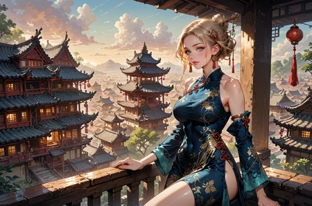 score_9, score_8_up, score_7_up, score_6_up, 1girl, ((from above)), on a balcony, sitting on the railing, background of ancient chinese town, temples, large town, overlooking a vibrant town, huge saggy breasts, sunset, long blonde hair, earrings, hair pin, <lora:LOAwdl34pXL:0.7>,LOAwdl34pXL, qipao, armlet, long sleeves,<lora:sinfully_stylish_SDKL:0.5> <lora:Fant5yP0ny:0.6>, concept art, realistic, <lora:Expressive_H:0.5> Expressiveh