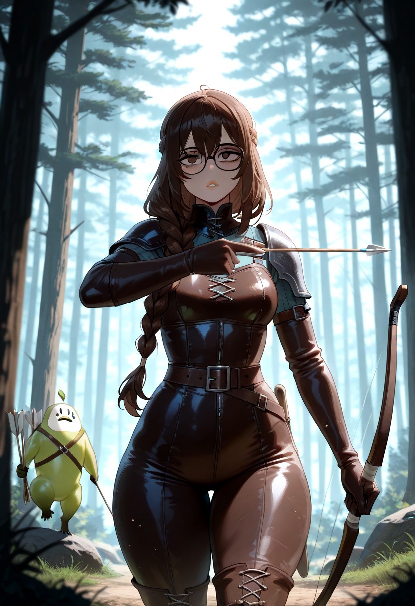(masterpiece, best quality) , wide shot, woman alone, lonely, one woman, amazing quality, very aesthetic, absurd resolution, high resolution, newest, HDR, 8K, anime style, A young woman with fair skin and an oval face, wearing dark-framed glasses and a calm expression. long, straight, dark brown hair tied in a braid behind her head, a few loose strands framing her face. light brown, almond-shaped eyes, thin, natural lips, expressive eyes, tender eyes, tender gaze. 1.60 meters tall, small breasts, wide hips, very wide and thick thighs. Plump, pear-shaped body with large hips. explorer class, dyd, medieval, forest, nature, bow and arrows in hand aiming, hunting, exploring, leather armor, tight leather suit. leather belts.