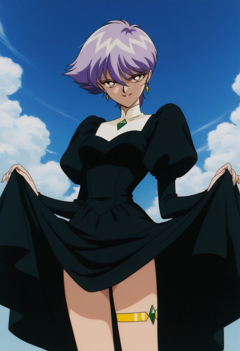 masterpiece, best quality, source_anime,official art,perfect_anatomy,1990s_\(style\),retro_artstyle,seira hazuki,1girl,purple hair,short hair,earrings,black dress,juliet sleeves,puffy sleeves,long sleeves,(beautiful detailed face,looking_at_viewer,evil_smile),cowboy shot,(Pull_up_skirt_byself,jewel,bare_thighs,thigh strap:1.1),close to viewer,day,blue_sky,cloud,