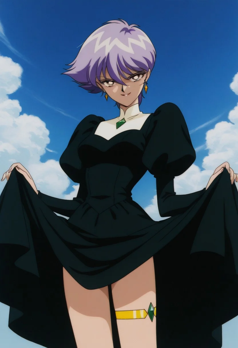 masterpiece, best quality, source_anime,official art,perfect_anatomy,1990s_\(style\),retro_artstyle,seira hazuki,1girl,purple hair,short hair,earrings,black dress,juliet sleeves,puffy sleeves,long sleeves,(beautiful detailed face,looking_at_viewer,evil_smile),cowboy shot,(Pull_up_skirt_byself,jewel,bare_thighs,thigh strap:1.1),close to viewer,day,blue_sky,cloud,