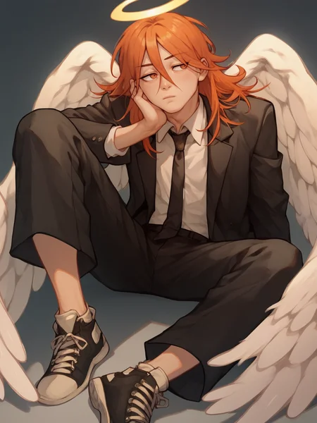 score_9, score_8_up, score_7_up, score_6_up, score_5_up, <lora:4ng3ld3v1lXLP:1> 1boy, halo, 4ng3ld3v1l, orange hair, angel wings, suit, black necktie