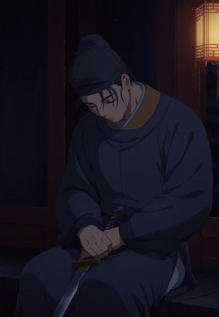 anime coloring, masterpiece, best quality, amazing quality, 1boy, solo, bara, male focus, basen, black headwear, chinese clothes, sleeping, closed eyes, head down, indoors, traditional chinese house, dark, outdoors, sitting, holding sword, moonlight, under traditional chinese house, lantern