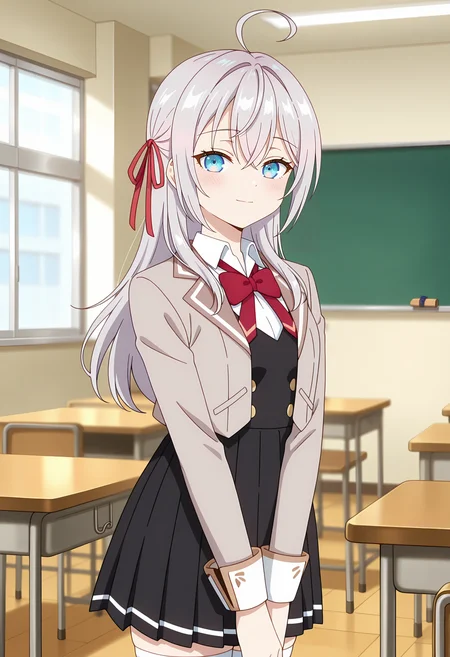 anime screencap, masterpiece, best quality,
<lora:Roshidere_KujouAlisaMikhailovna(Alya)_IlluXL:0.9>,
1girl, solo, closed mouth, light smile, blush,
long hair, grey hair, ahoge, crossed bangs, blue eyes, hair ribbon, red ribbon,
AlyaSchool, cropped jacket, open jacket, brown jacket, red bowtie, white shirt, black vest, buttons, long sleeves,
pleated skirt, black skirt, white thighhighs,
v arms, standing, looking at viewer,
classroom, blurry background, indoors