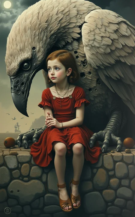 YFG-Asak, freakz, Fantasy digital painting, a young girl in a red dress sits with an enormous, dark-feathered raven under a cloudy, moonlit sky, the girl's contemplative expression contrasts with the ravenâs menacing presence, the detailed textures of the feathers and dress add depth, the background is filled with swirling clouds and distant birds, the moon casts an eerie glow, creating a surreal and magical atmosphere, the overall scene is both haunting and enchanting.