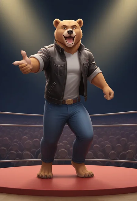 (((Barefoot furry character, full body, cinematic setting, furry male, plantigrade))) 
beefy brawny ((ice bear)) ((white fur)), 4 toes, shirt (rock theme),  leather jacket with metal spikes, anarchy symbolism, pants, barefoot, mic in one hand, on the stage, in the light of reflectors, singing rock song, dancing as crazy, dynamic angles
BREAK, detailed background, 8K, (masterpiece:1.5), intricate details, highly detailed, extreme detail, octane render, unreal engine, fine art, best quality, highres, (detailed face:1.5), ((full_body)), UHD, (((perfect hands))), low light